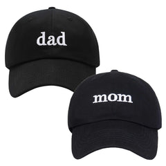 GEANBAYE Mom Dad Hat with white embroidery on black fabric – front view