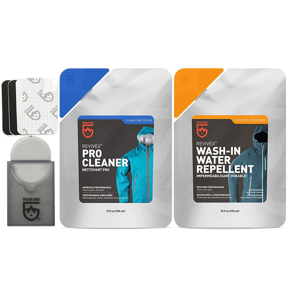 Gear Aid Outerwear Care Kit with Pro Cleaner and Wash-In for restoring breathability and water repellency.