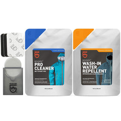 Gear Aid Outerwear Care Kit with Pro Cleaner and Wash-In for restoring breathability and water repellency.