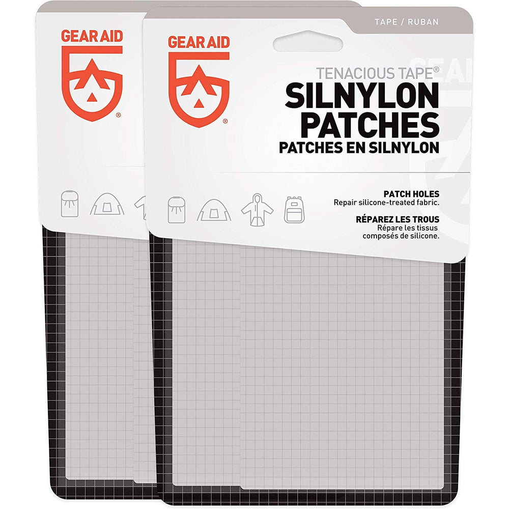 GEAR AID Tenacious Tape silnylon patch applied to tent fabric for a weatherproof repair