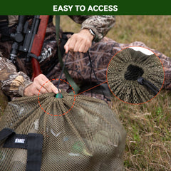 GearOZ Mesh Decoy Bag in olive-green camouflage blends with surroundings for stealth.