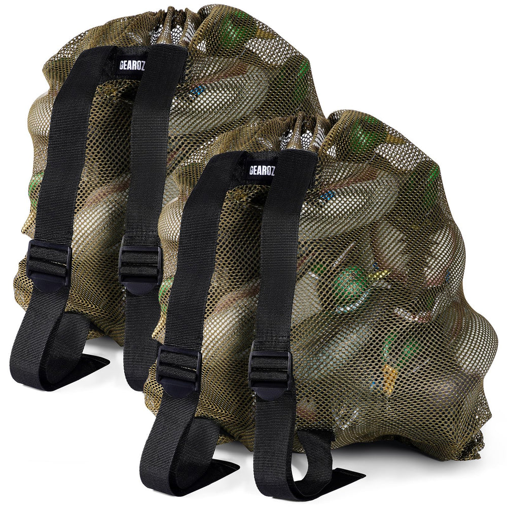 GearOZ Mesh Decoy Bag open layout for quick loading and organized decoy storage.