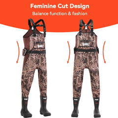 GearOZ waterfowl-waders-women side view camouflage highlights slimming fit for female hunters