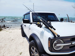 GEARSHADE fishing rod holder mounted on Bronco trail sight for external rod storage.