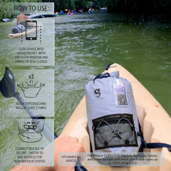 Geckobrands Hydroner 20L clear phone pouch in use in wet conditions.