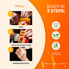 GEELGRY hand warmers activate via air exposure and begin heating in minutes.