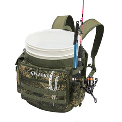 GeerDuo 5 gallon bucket backpack in camo front view