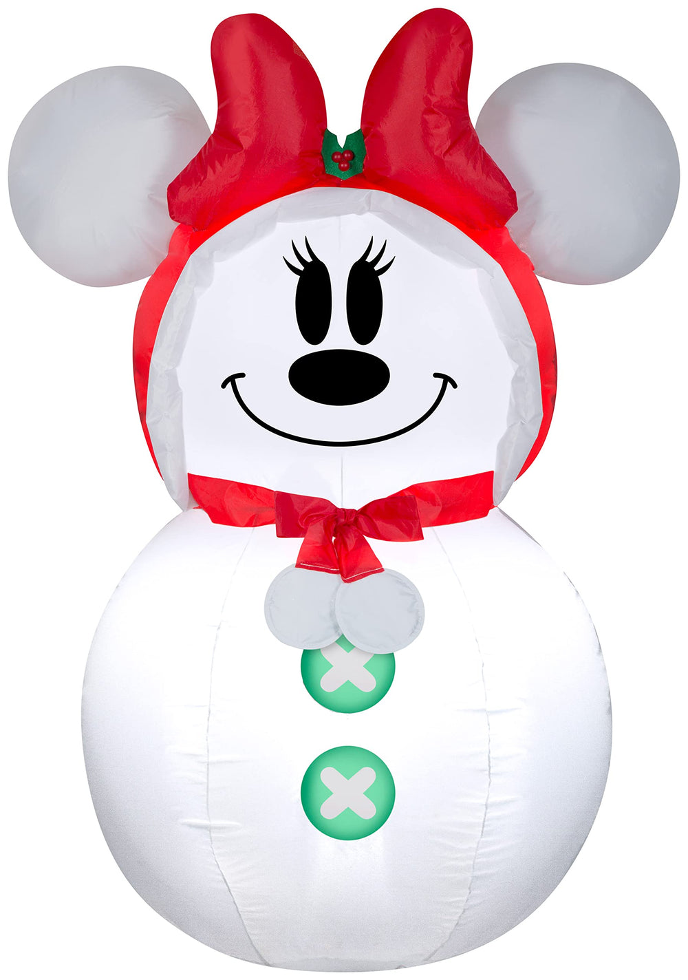 Gemmy Christmas Airblown Minnie Mouse Snowman inflatable, front view, bright LEDs illuminate outdoor decor