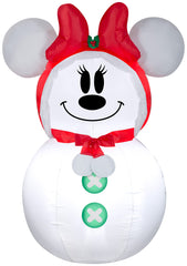 Gemmy Christmas Airblown Minnie Mouse Snowman inflatable, front view, bright LEDs illuminate outdoor decor