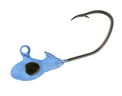 Gene Larew Crappie Pro Overbite Sickle Mo'Glo blue jig head glows to attract crappie in low light.