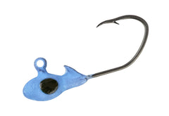 Gene Larew Crappie Pro Overbite Sickle Moglo Blue jig head glows brightly for night crappie fishing.