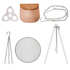 Generic camping tripod board set ready for branch-based campfire cooking.