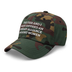 Generic The Fish and I green camo dad hat eyelets detail showing durable construction.