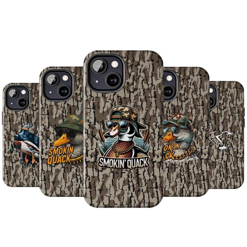 Generic camouflage pattern close-up on duck hunting phone case for seamless field blending.