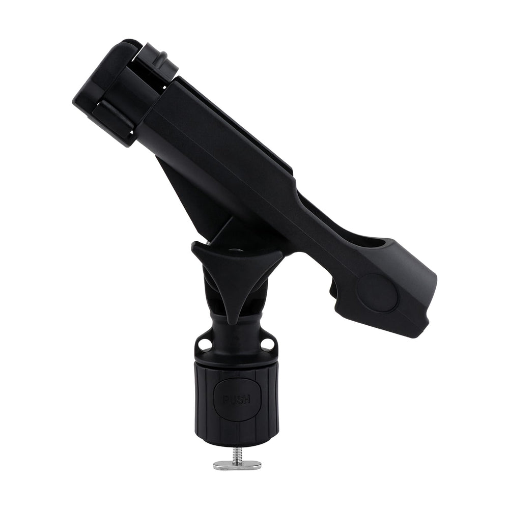 Black kayak fishing rod holder mounted on a boat track