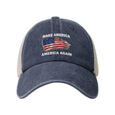 Generic Make America America Again Trucker Hat front view with navy fabric and breathable mesh.