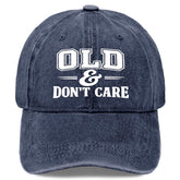 Old & Don't Care sun hat navy blue on casual outfit for sunny days.