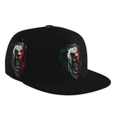 Generic roaring angry lion flat bill cap viewed front for sun protection and style
