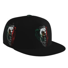 Generic roaring angry lion flat bill cap viewed front for sun protection and style