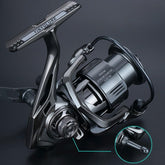 Generic Spiker spinning reel side view shows carbon build for smooth casting