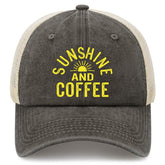Generic Sunshine and Coffee hat front view with bold text for sunny day style