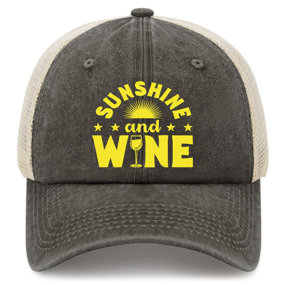 Generic Sunshine and Wine trucker hat front view with bright graphic and breathable fabric for sunny days.
