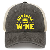 Generic Sunshine and Wine trucker hat front view with bright graphic and breathable fabric for sunny days.