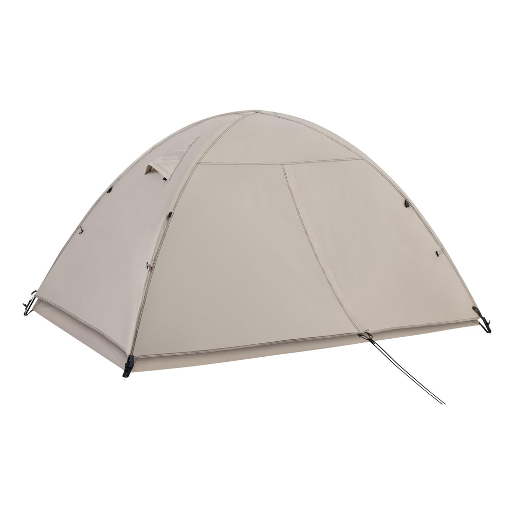 Generic ultralight tent in desert white packed compactly for backpacking.