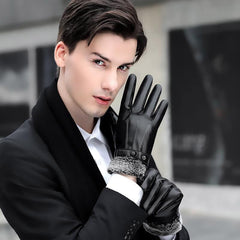 Generic Winter PU Leather Gloves for Men, side view, sleek black exterior