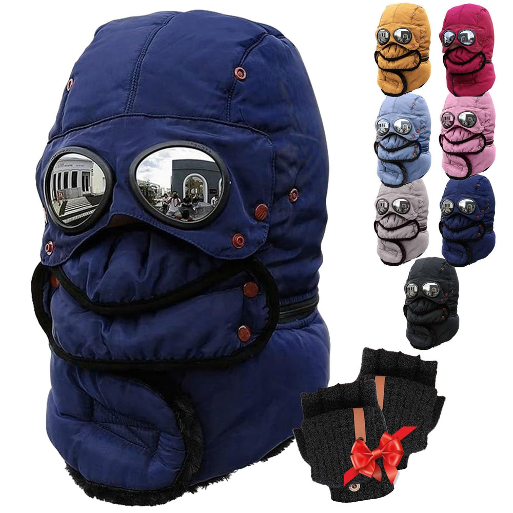 Generic Winter Thermal Hat with Glasses close-up shows full head warmth for outdoor hiking.