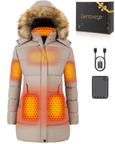 Genovega women long heated jacket front view with graphene heating for all day warmth