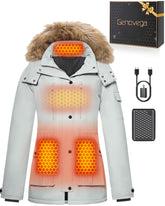 Genovega women long puffer jacket front view showing graphene heated panels for warmth