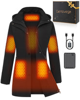 Genovega women's long heated jacket with battery pack for portable warmth