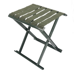 Gernie folding stool with steel frame provides durable outdoor seating.