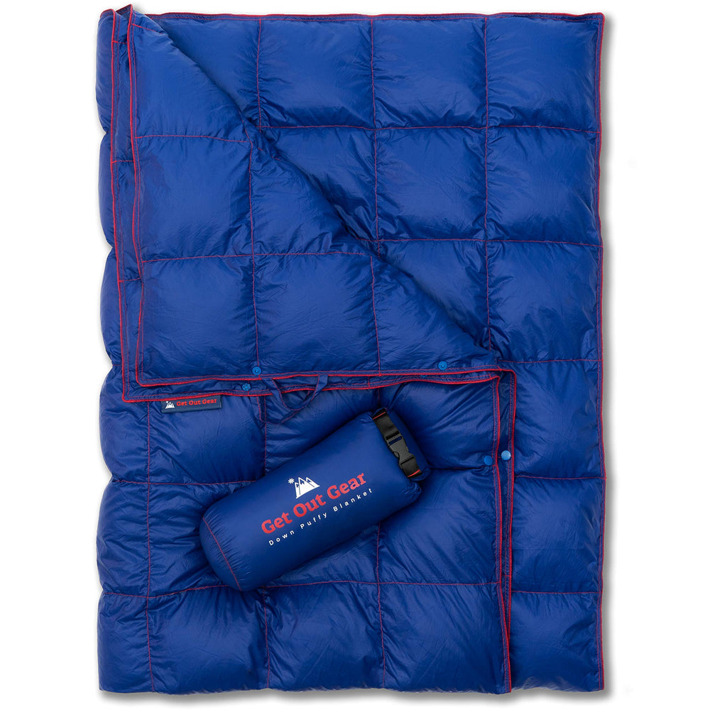 Get Out Gear down camping blanket folded in compact stuff sack for easy backpacking.