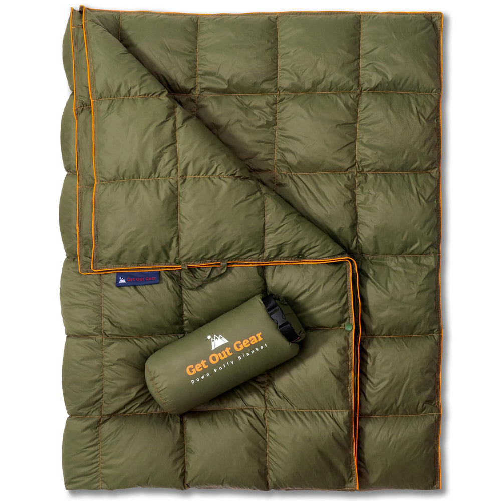Get Out Gear Down Camping Blanket packable display showing compact size and easy carrying.