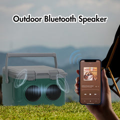 GETUHAND camp cooler with Bluetooth speaker enhances outdoor gatherings with music.