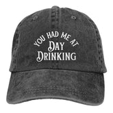 GEZHONU Day Drinking denim cap front view for casual style and sun protection.