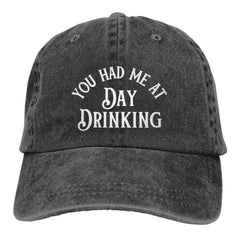 GEZHONU Day Drinking denim cap front view for casual style and sun protection.