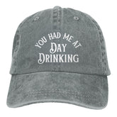 GEZHONU You Had Me at Day Drinking cap front design with vintage vibe and playful theme.