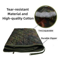 GHILEO Camo Poncho Liner spread flat as camping blanket for warmth.