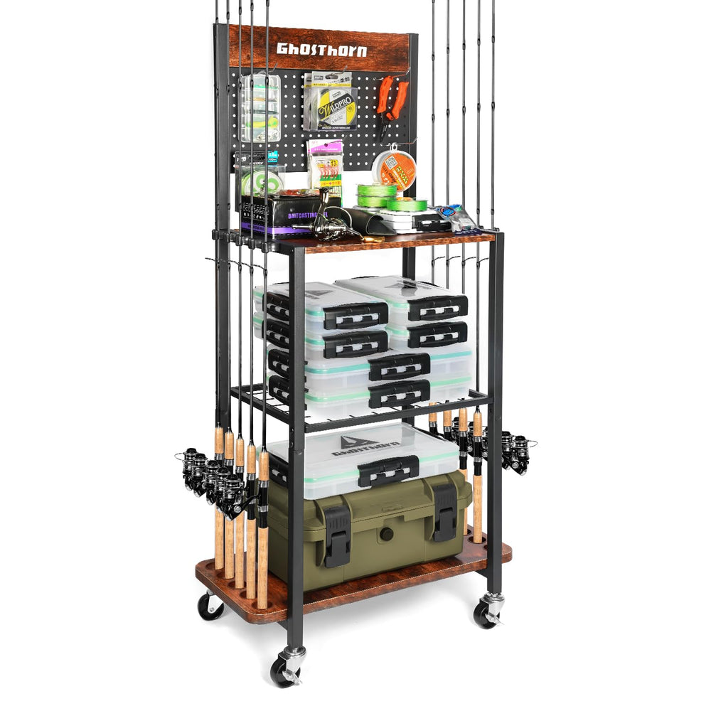 Ghosthorn 10-rod fishing rod holder with reels and tackle boxes displayed.