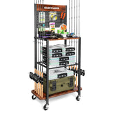 Ghosthorn 10-rod fishing rod holder with reels and tackle boxes displayed.