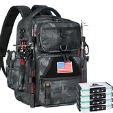 Ghosthorn fishing backpack front-pouch expanded workstation for on-the-spot tackle setup.