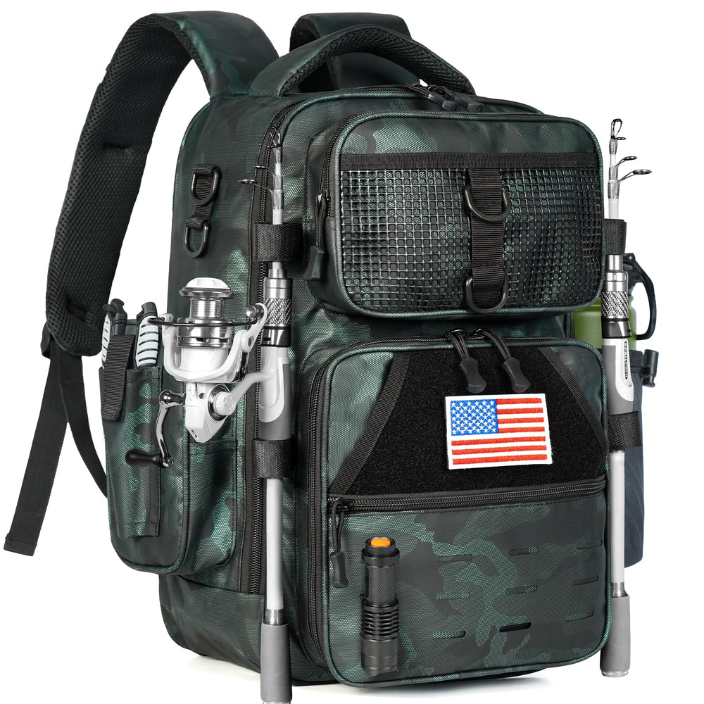 Ghosthorn fishing backpack front station expands for quick tasks, on-the-spot workspace.