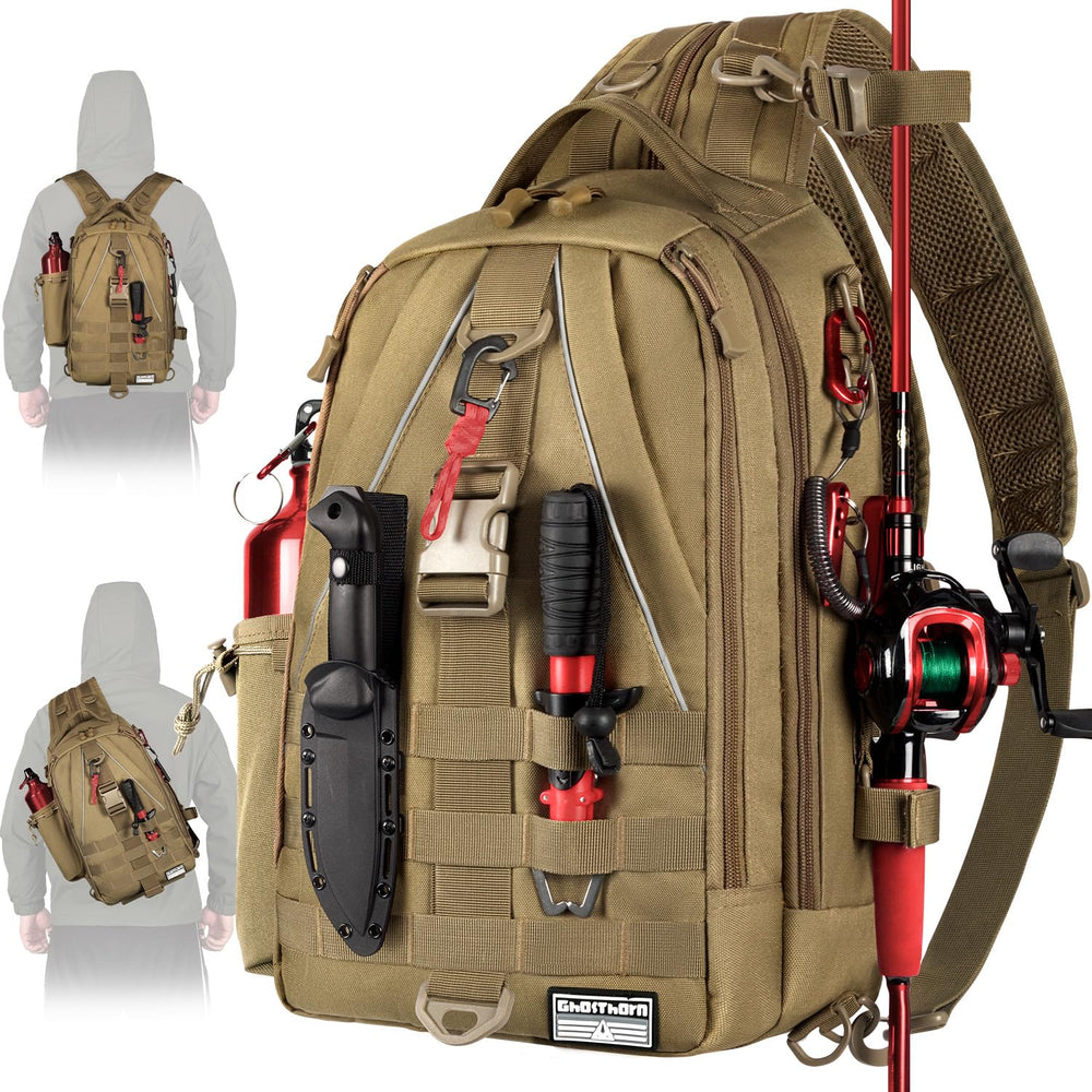 Ghosthorn fishing backpack with rod holder keeps gear secure on the bank.
