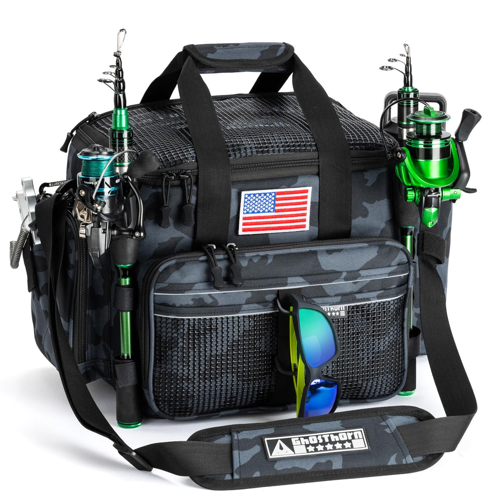 Ghosthorn fishing tackle bag with rod holders for quick lure access on the water