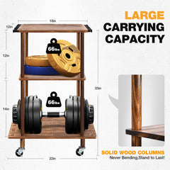 Side angle of mobile wooden rod rack showing 360-degree wheels