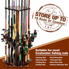 Rack holding up to 16 fishing rods with reels