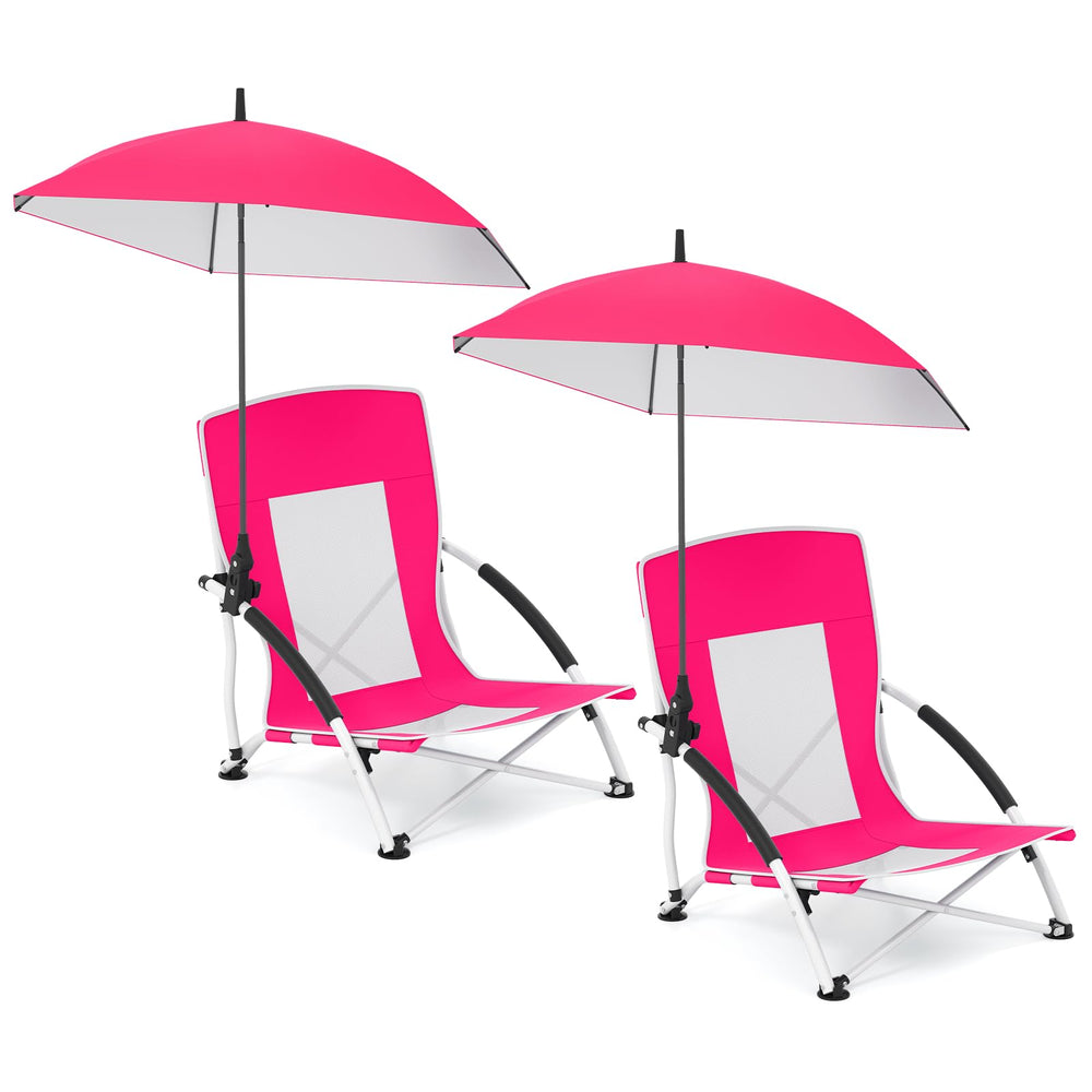Giantex pink low folding beach chair with umbrella offers portable shade for outdoor use